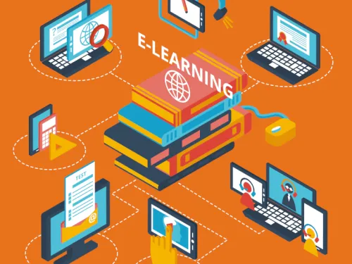 image of multiple e-learning platforms hovering around a stack of textbooks